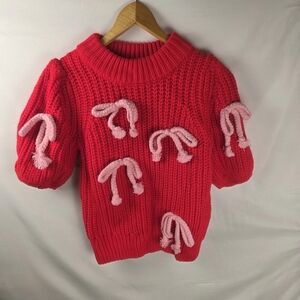 English Factory Women’s Size S Puff Sleeve Pink Bow Detailed Red Knitted Sweater